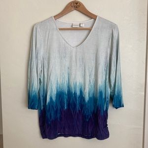 Chico’s 3/4 Sleeve v-neck t-shirt blue dip dye Size 2